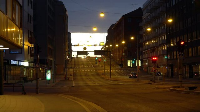 Summer midnight in Turku, Finland. Empty streets.