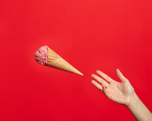 Strawberry Ice Cream Cone Tossing in Air - 711431950