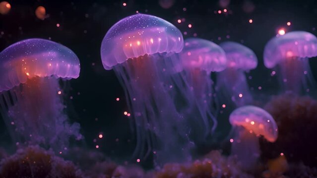 Jellyfish floating in magical ocean. Beautiful cosmic neon purple sea. collection of animals. 3d animation of a seamless loop. Underwater world glowing fish in the water. Marine life. Pink,blue and pu