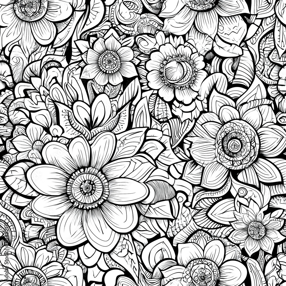 Wall mural Monochrome Ornate Pattern with Floral Motifs. Hand drawn pattern with leaves and flowers. Doodles floral ornament.