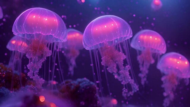 Jellyfish floating in magical ocean. Beautiful cosmic neon purple sea. collection of animals. 3d animation of a seamless loop. Underwater world glowing fish in the water. Marine life. Pink,blue and pu