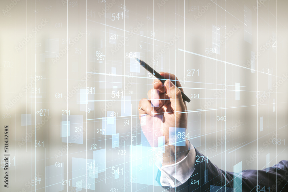 Poster Multi exposure of businessman hand with pen working with creative statistics data hologram on blurred office background, stats and analytics concept