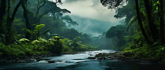 Serene Rainforest River: Aerial Photography with Top View, Greeny Hues, Mist, and Morning Light