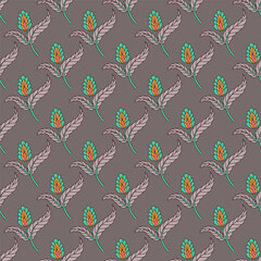 Seamless pattern with stylised indian style flowers and leaves on a gray backgound. Hand drawn floral repeat wallpaper