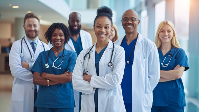 Team of diverse nurses and doctors in hospital providing excellent health care services