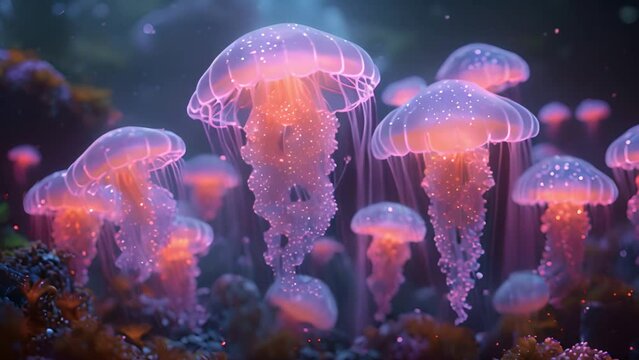 Jellyfish floating in magical ocean. Beautiful cosmic neon purple sea. collection of animals. 3d animation of a seamless loop. Underwater world glowing fish in the water. Marine life. Pink,blue and pu