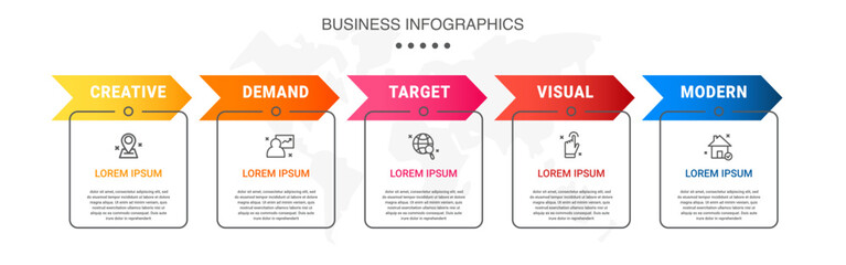 Vector concept of infographics with arrow business model for 5 successive steps. Five colorful timelines with rectangular elements. Modern design for brochure, and presentation