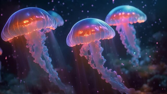 Jellyfish floating in magical ocean. Beautiful cosmic neon purple sea. collection of animals. 3d animation of a seamless loop. Underwater world glowing fish in the water. Marine life. Pink,blue and pu