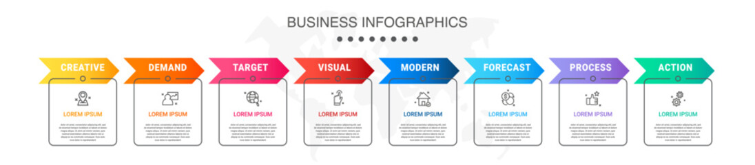 Vector concept of infographics with arrow business model for eight successive steps. 8 colorful timelines with rectangular elements. Modern design for brochure, and presentation