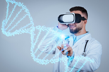 Expert young male doctor in VR headset explores vibrant virtual DNA strand with CRISPR precision