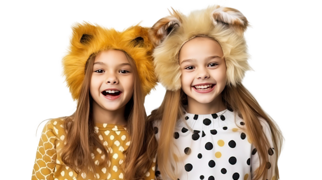 Two Latina girls looking at the camera smiling with fur hats and animal ears.