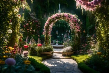 Magical fairy tale garden with flower arc as wallpaper background white view
