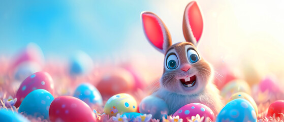 Colorful Cartoon Rabbit with Expressive Face and easter eggs, Cute and Whimsical Easter Bunny web banner