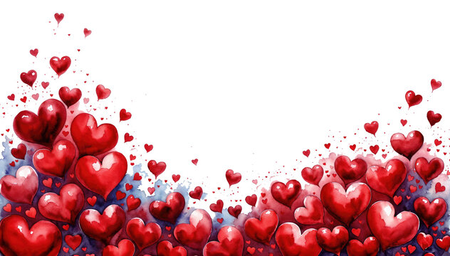 Watercolor illustration of many red hearts of varying sizes and shapes, scattered haphazardly, isolated on transparent background.