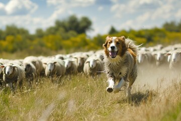 A dog is chasing a flock of sheep