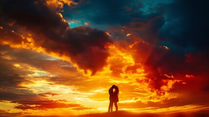 Obraz premium Couple silhouetted against a breathtaking sunset, capturing the essence of love and togetherness. The warm, golden hues in the sky evoke a sense of romance, drawing inspiration from the romantic lands