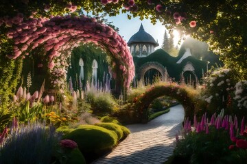 Magical fairy tale garden with flower arc as wallpaper background white view