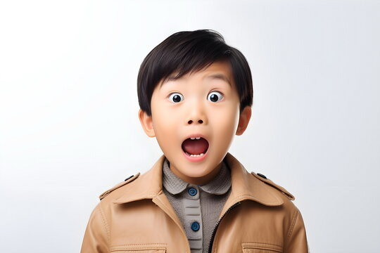 portrait with shocked face of asian child boy isolated on white background