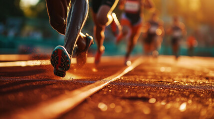 Close-up of strong athletic legs running a marathon. Professional sprinters. Sport concept....
