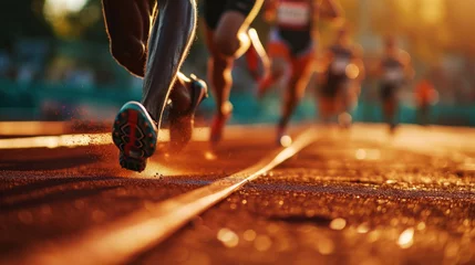 Foto op Plexiglas Close-up of strong athletic legs running a marathon. Professional sprinters. Sport concept. Generative AI © AngrySun