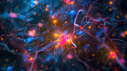 Synaptic Spark: An abstract background that visualizes the firing of synapses in the brain, with pulsating sparks of electric colors and neural networks, representing the complexity of thought