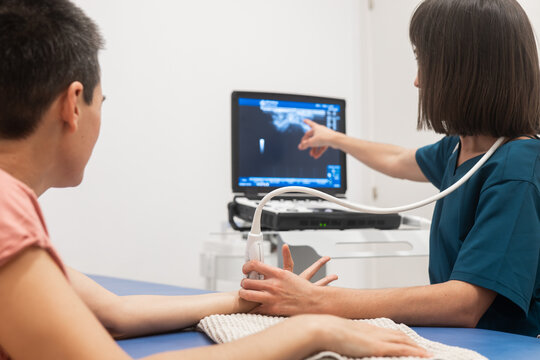 Ultrasound Examination of Patient's Hand by Technician