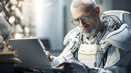 An android with detailed cybernetic features and a human-like face focusing intently on a laptop