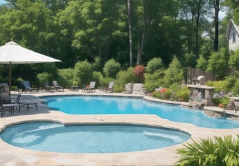 Modern patio next to swimming pool
