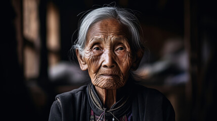 Portrait of an old village woman indoors. Asian Indian ethnicity - obrazy, fototapety, plakaty