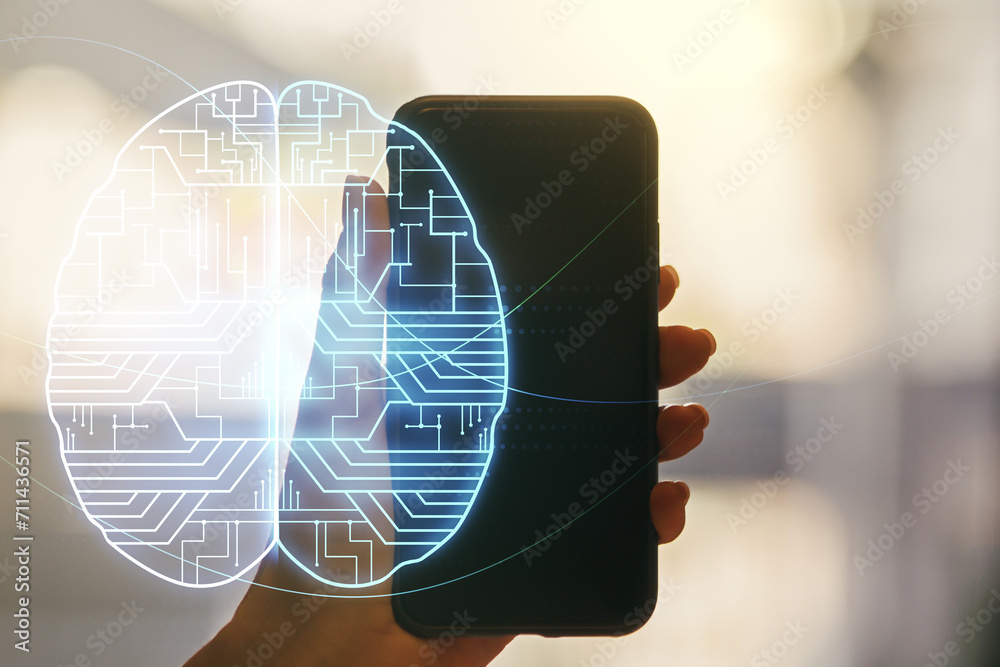 Aufkleber double exposure of creative artificial intelligence symbol and hand with cell phone on background. n