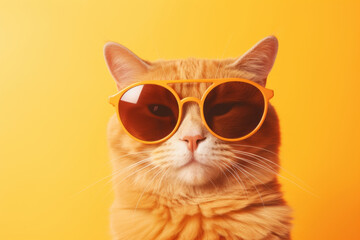 Portrait of cute cat in sunglasses against yellow studio background
