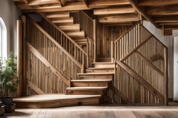 Wooden staircase in Scandinavian rustic style interior design of modern entrance hall 