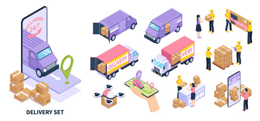 Isometric delivery icons with illustration collection with delivery workers and transports