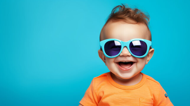 Portrait of happy positive funny baby wearing sunglasses. Against soft blue background