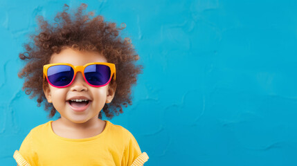 Fototapeta na wymiar Portrait of happy positive funny baby wearing sunglasses. Against soft blue background