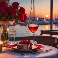 Fotobehang Romantic Valentine`s Day dinner, red decoration with rose petals, violin and wineglasses in a restaurant on sunset at the marina with yachts  © muhammad yaseen