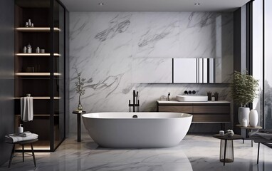 realistic photo Stylish bathroom interior design with marble panels. Bathtub, towels and bathroom amenities . generative ai