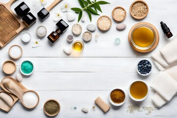 Fototapeta na wymiar beauty treatment items for spa procedures on white wooden table. stones, essential oils and sea salt.
