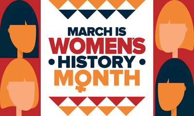 Women's History Month. Celebrated annual in March, to mark women’s contribution to history. Female symbol. Women's rights. Girl power in world. Poster, postcard, banner. Vector illustration - obrazy, fototapety, plakaty