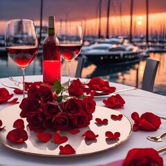 Fototapeta na wymiar Romantic Valentine`s Day dinner, red decoration with rose petals, violin and wineglasses in a restaurant on sunset at the marina with yachts 