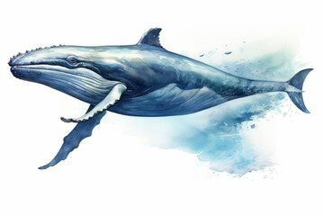 Watercolor of blue whale on white background