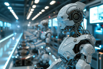 Fototapeta premium Android robots working in a factory, replacing manual labor with automated future concept