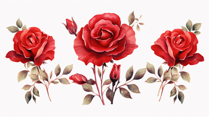 Set of red roses isolated on white background. Watercolor illustration.