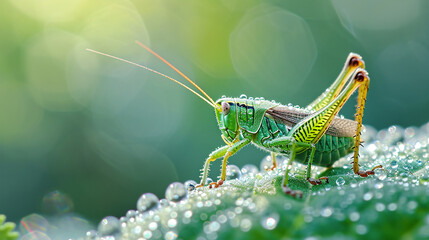 A grasshopper perches on a dew-covered leaf in the garden.