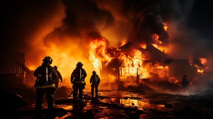 Firefighters try to put out a burning house at night.