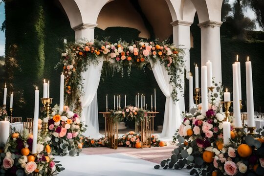 Beautiful Italian Wedding Altar with Eucalyptus, Orange and Pink Floral Arrangement. 