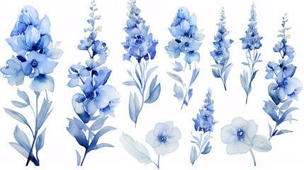 Watercolor set of blue flowers and leaves isolated on white background.