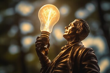 The monument holds in its hands a large lighted light bulb symbolizing ideas