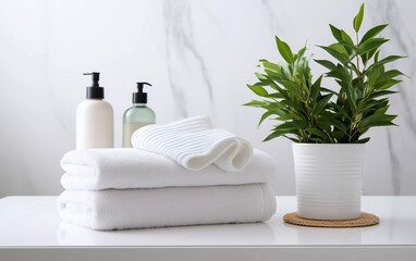 Fototapeta na wymiar realistic photo of cosmetics and towels, with green plants on white table in ceramic bathroom background. generative ai