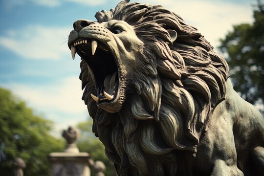 The statue of a predatory lion that opened its mouth